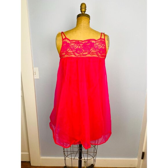 Vintage Hot Pink Babydoll Chiffon Nightgown Dress by Flair, Size M, 60s Lingerie - Picture 4 of 10